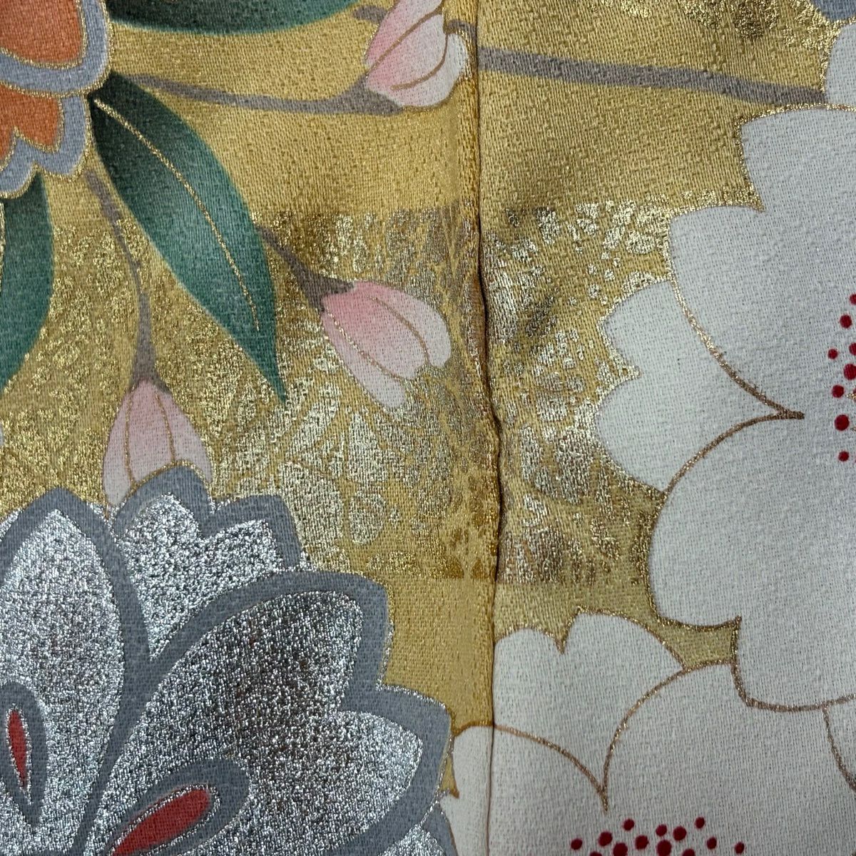 振袖禮服 身長160.5cm 袖長64.5cm M 雙層 枝垂櫻 蝴蝶 金絲 金銀彩 山吹 純蠶絲 優品級