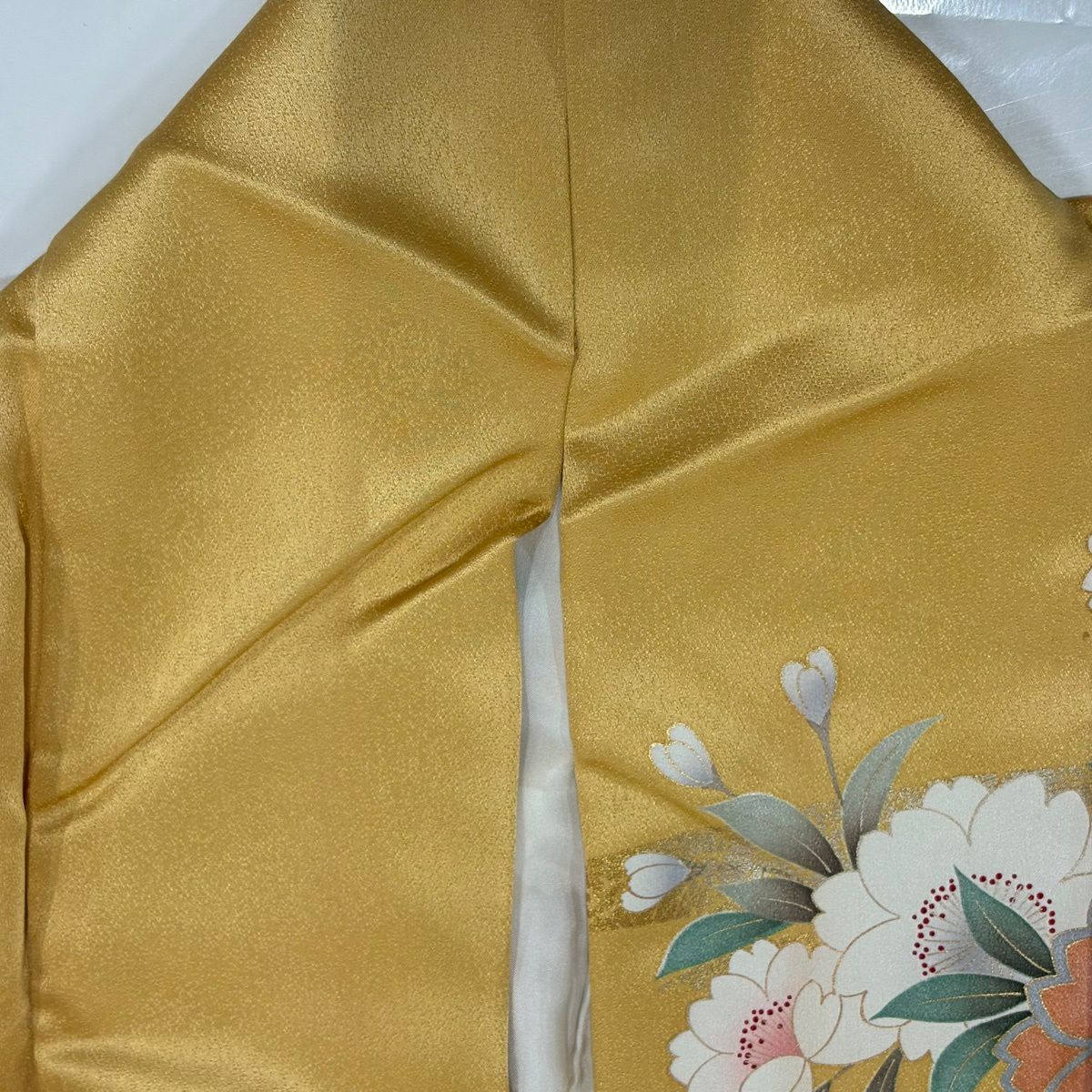 振袖禮服 身長160.5cm 袖長64.5cm M 雙層 枝垂櫻 蝴蝶 金絲 金銀彩 山吹 純蠶絲 優品級