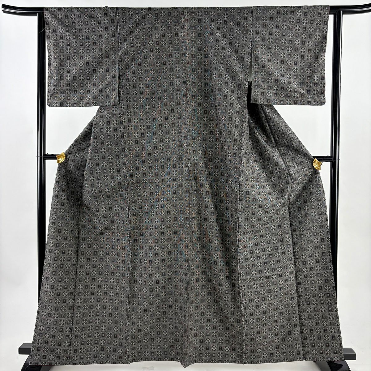 紬織 身長163cm 袖長62.5cm S 雙層 四角 花 墨 黑 純蠶絲 秀品級
