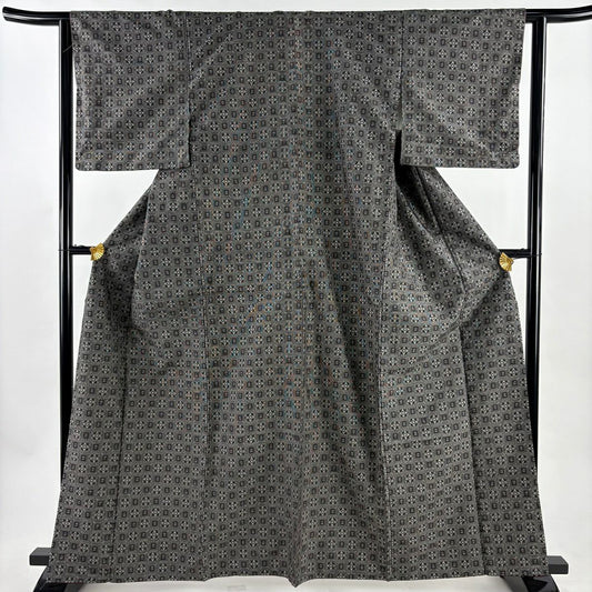 紬織 身長163cm 袖長62.5cm S 雙層 四角 花 墨 黑 純蠶絲 秀品級