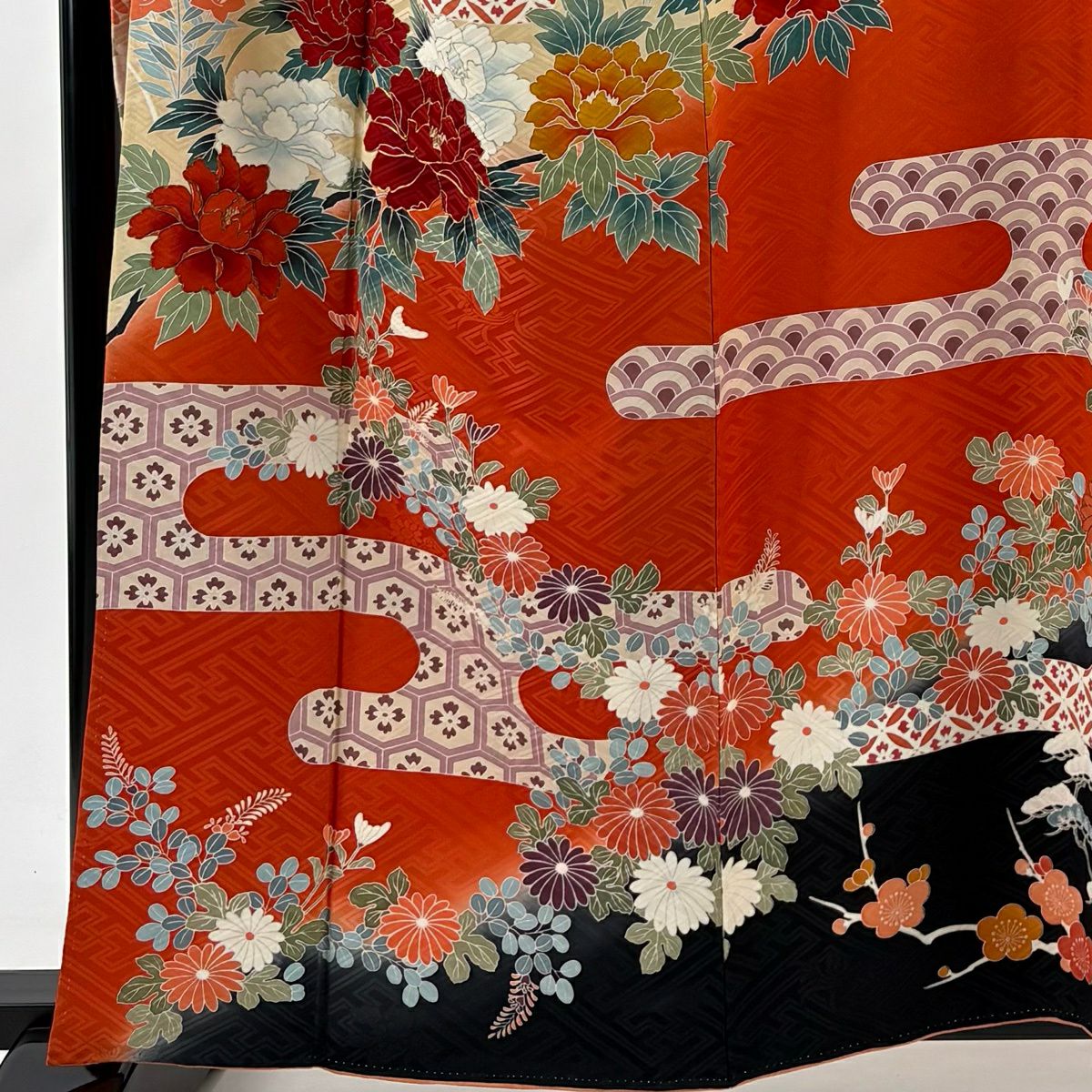 振袖禮服 身長161cm 袖長68cm L 雙層 牡丹 霞 金絲 金銀彩 茜 純蠶絲 秀品級