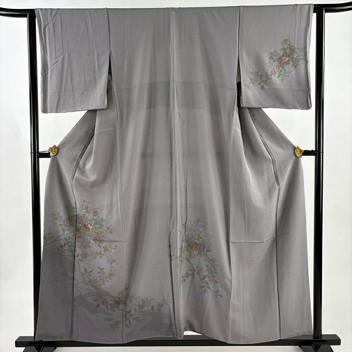 訪問服 身長155.5cm 袖長63cm S 雙層 牡丹 橘 金糸 刺繡 灰紫 純蠶絲 秀品級 一つ紋