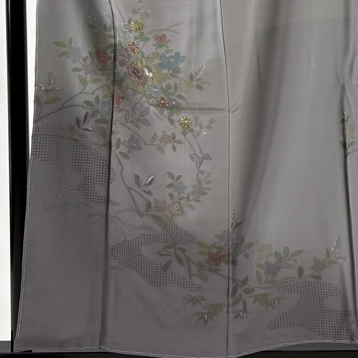 訪問服 身長155.5cm 袖長63cm S 雙層 牡丹 橘 金糸 刺繡 灰紫 純蠶絲 秀品級 一つ紋