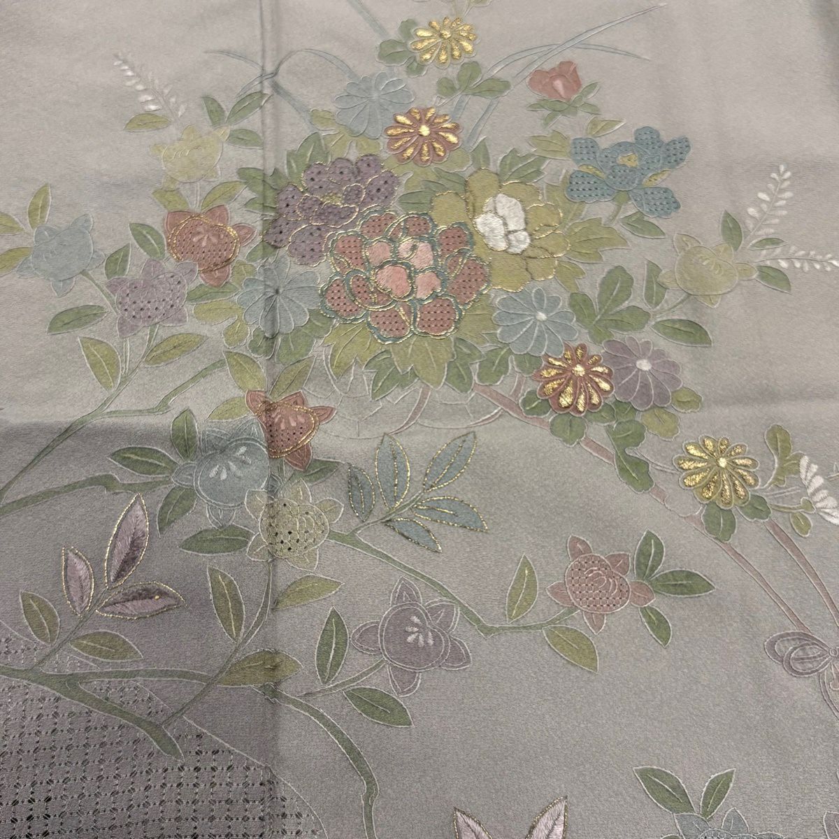 訪問服 身長155.5cm 袖長63cm S 雙層 牡丹 橘 金糸 刺繡 灰紫 純蠶絲 秀品級 一つ紋