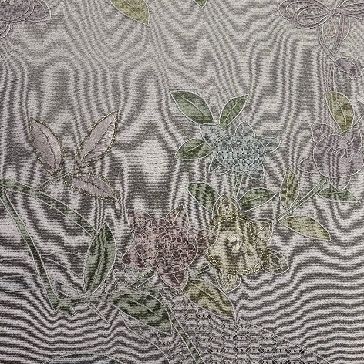 訪問服 身長155.5cm 袖長63cm S 雙層 牡丹 橘 金糸 刺繡 灰紫 純蠶絲 秀品級 一つ紋