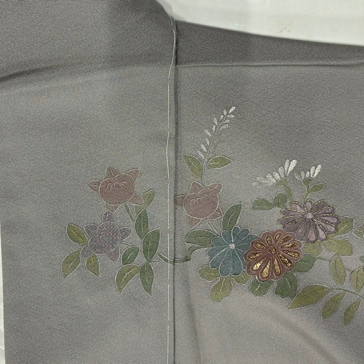 訪問服 身長155.5cm 袖長63cm S 雙層 牡丹 橘 金糸 刺繡 灰紫 純蠶絲 秀品級 一つ紋
