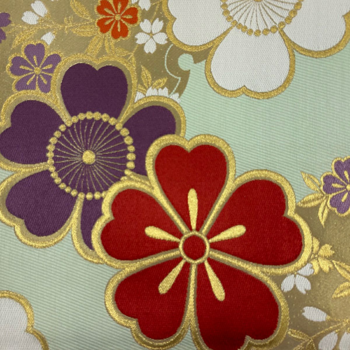 【美品】 袋帶 秀品級 樱花 雪轮 金丝 金金箔 淡绿 六通 純蠶絲