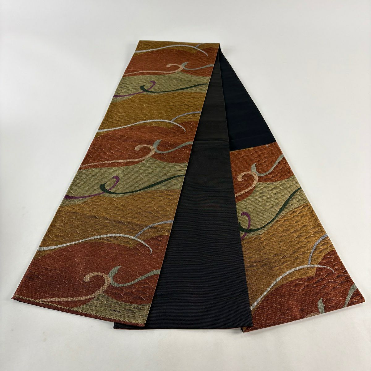 【美品】 袋帶 秀品級 幾何圖案 金絲 淺茶 六通 純蠶絲