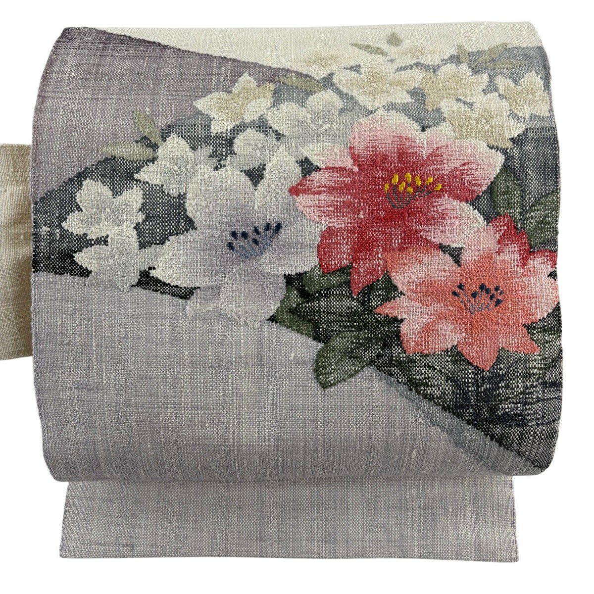 【美品】 名古屋帶 秀品級 渡文 草花紋 薄紫 純蠶絲