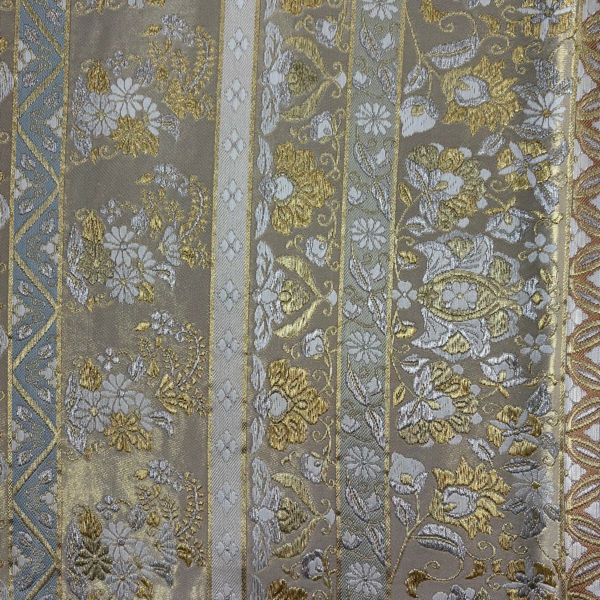 【美品】 袋帶 優品級 草花紋紋 段紋 金銀線 金色 全通 純蠶絲