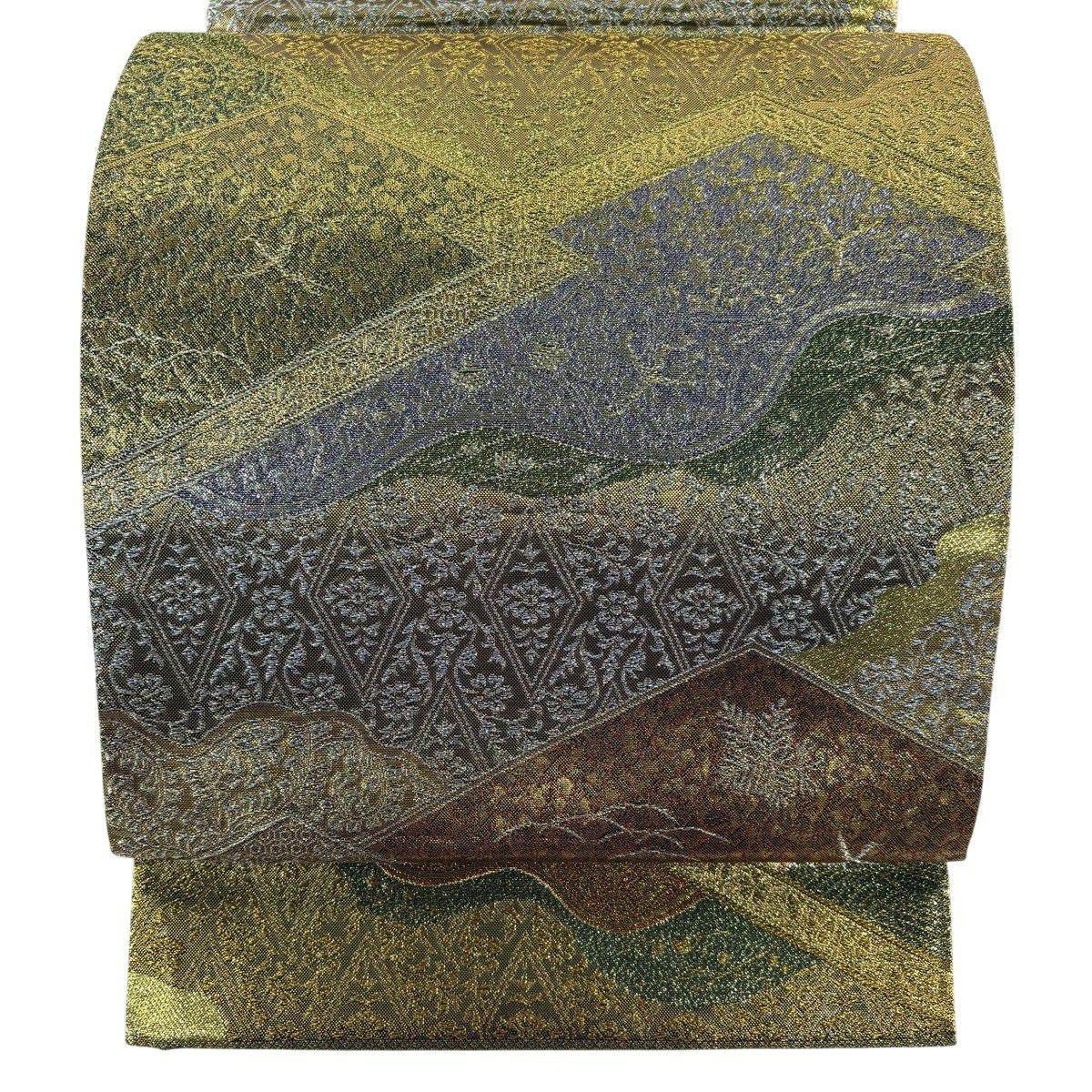 【美品】 袋帶 秀品級 草花紋紋 鳥 金銀絲 金金箔 金色 六通 純蠶絲