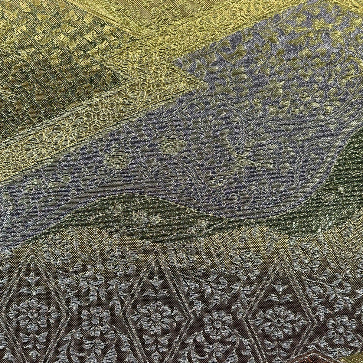 【美品】 袋帶 秀品級 草花紋紋 鳥 金銀絲 金金箔 金色 六通 純蠶絲