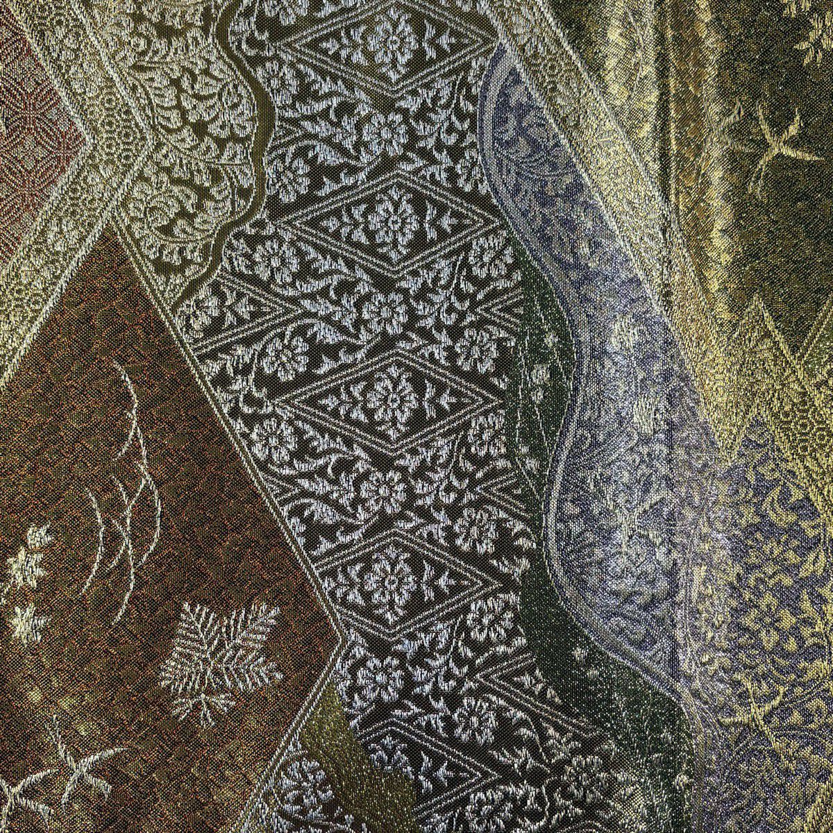 【美品】 袋帶 秀品級 草花紋紋 鳥 金銀絲 金金箔 金色 六通 純蠶絲