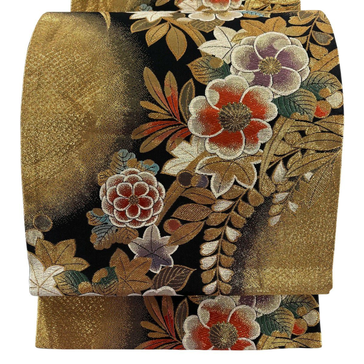 【美品】 袋帶 秀品級 草花紋紋 金糸 金金箔 黑 六通 純蠶絲