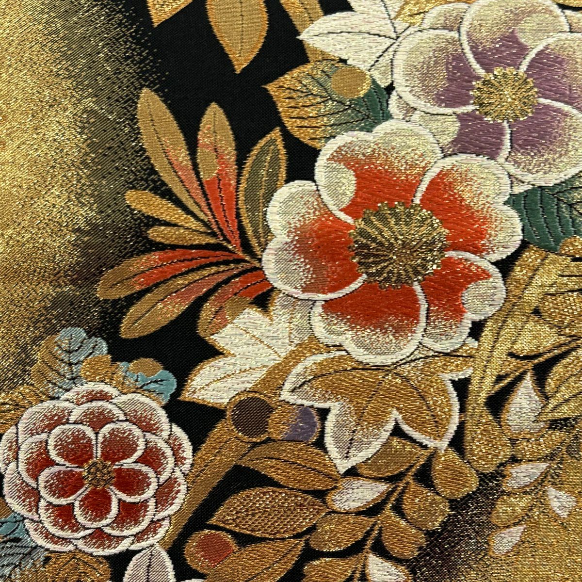 【美品】 袋帶 秀品級 草花紋紋 金糸 金金箔 黑 六通 純蠶絲