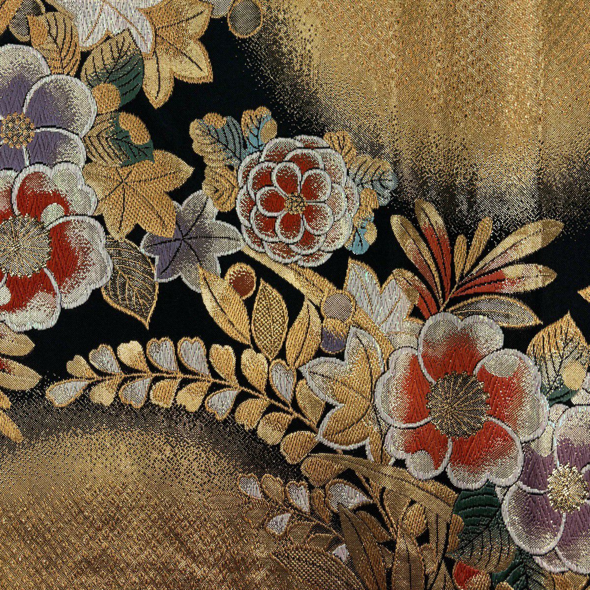 【美品】 袋帶 秀品級 草花紋紋 金糸 金金箔 黑 六通 純蠶絲