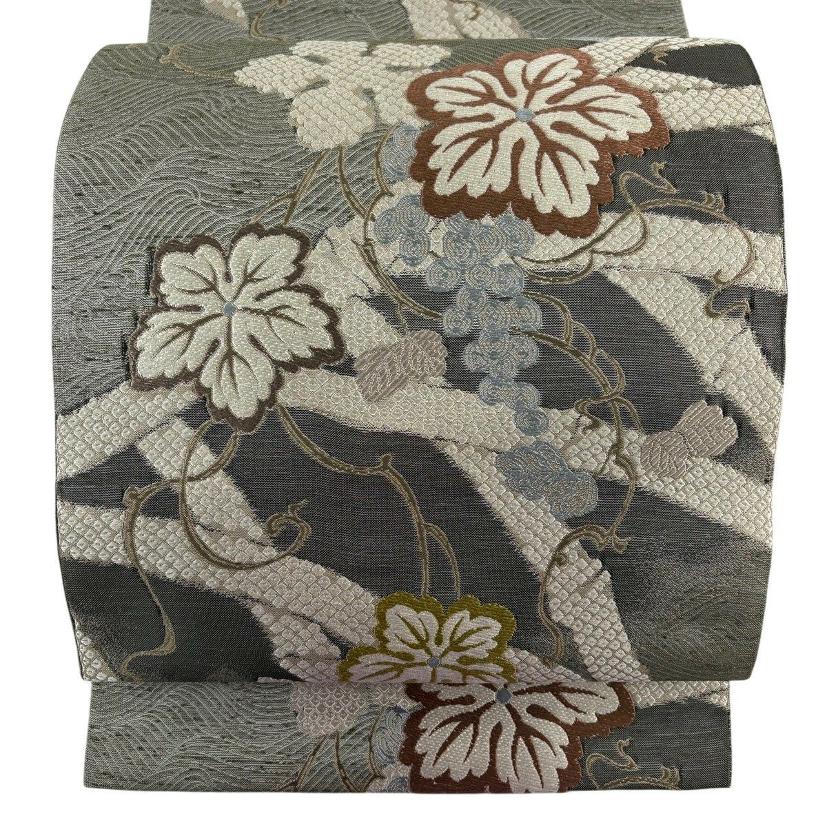 【美品】 袋帶 秀品級 竹子垣葡萄小袖裂 灰 深藍 六通 純蠶絲