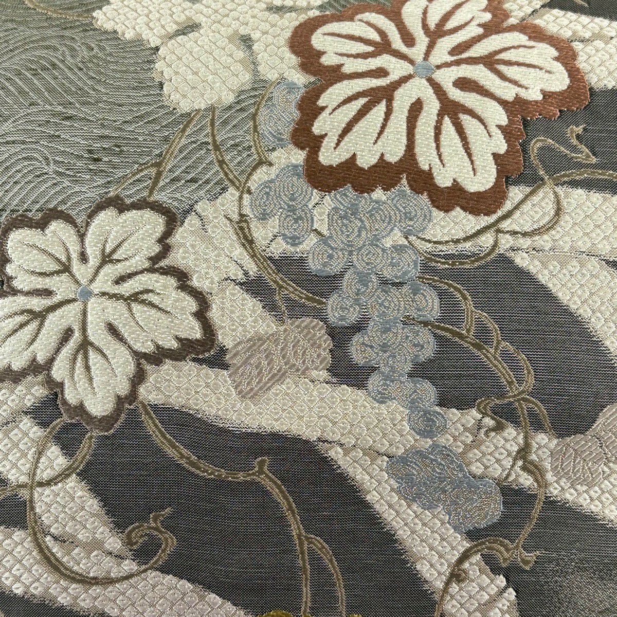 【美品】 袋帶 秀品級 竹子垣葡萄小袖裂 灰 深藍 六通 純蠶絲