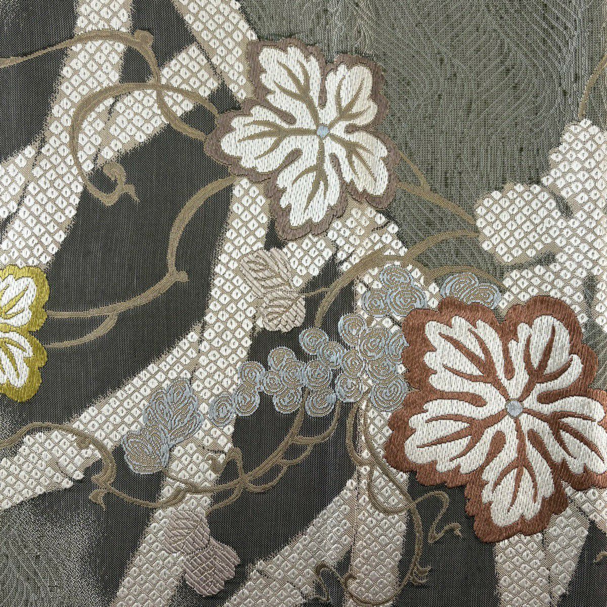 【美品】 袋帶 秀品級 竹子垣葡萄小袖裂 灰 深藍 六通 純蠶絲
