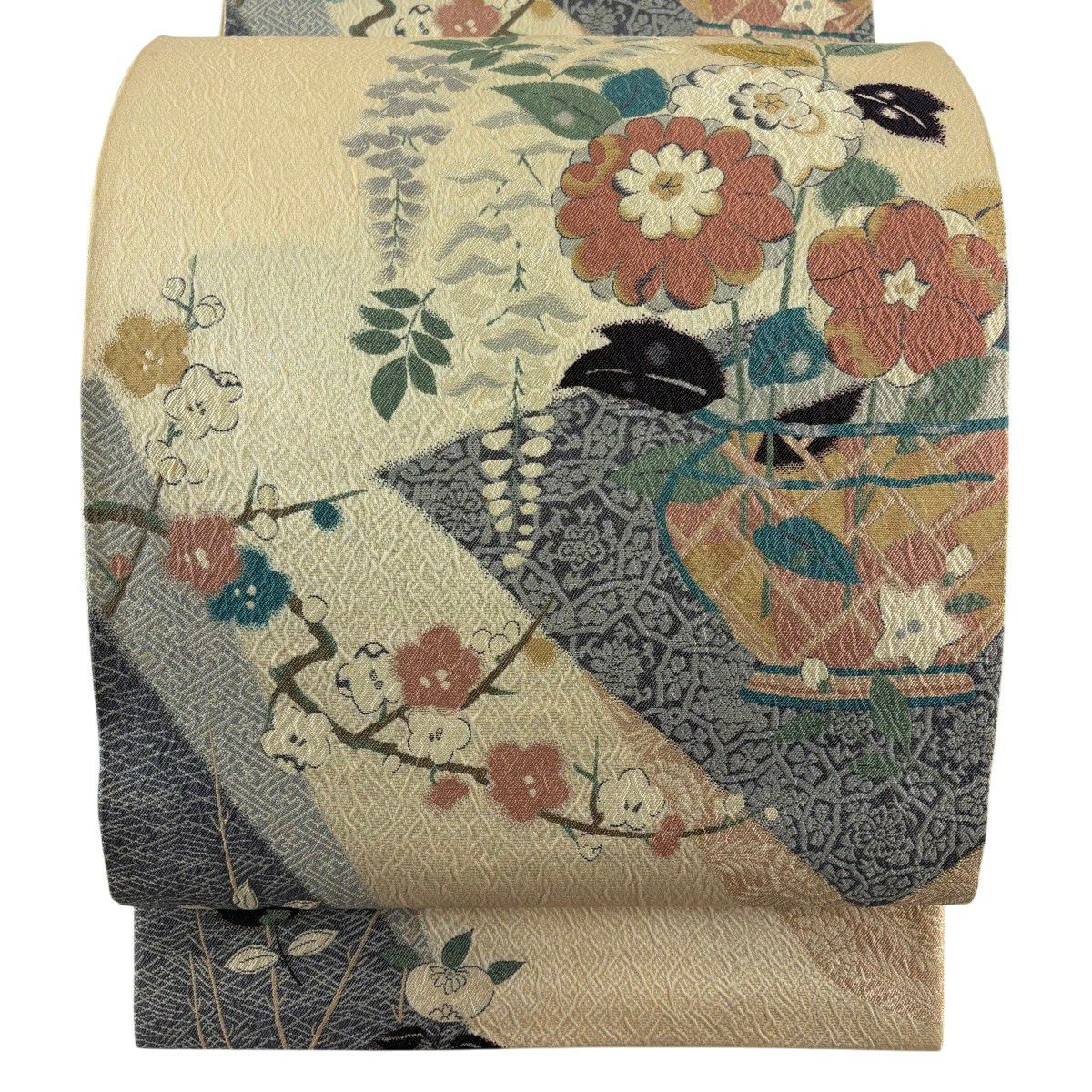 袋帶 秀品級 裂型花瓶紋 金絲 米色 六通 純蠶絲