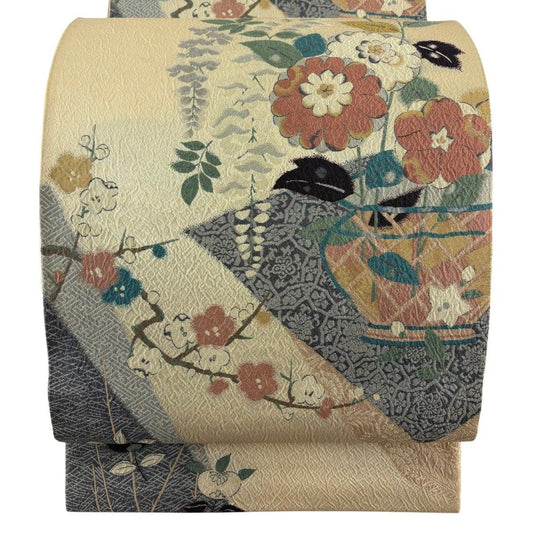 袋帶 秀品級 裂型花瓶紋 金絲 米色 六通 純蠶絲