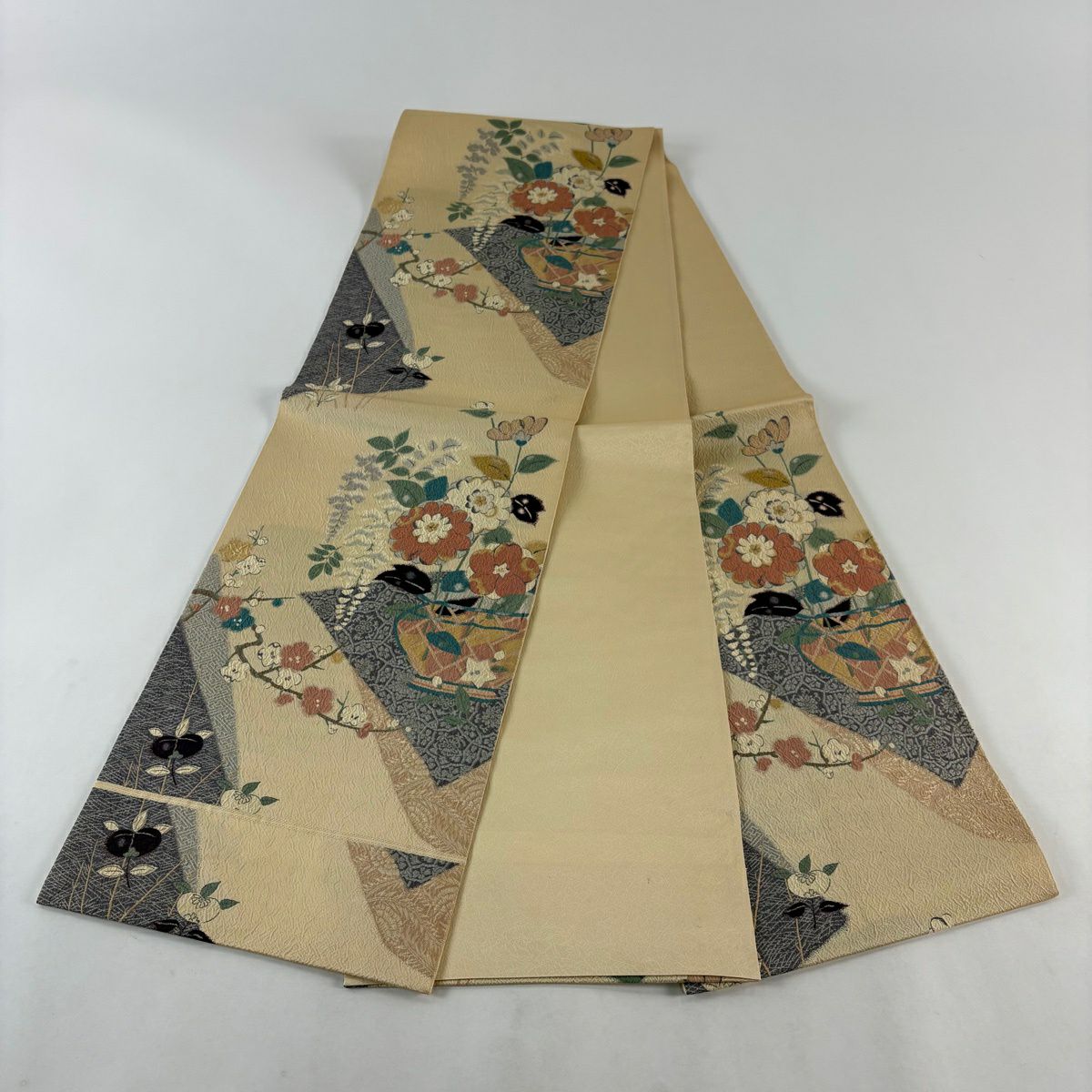 袋帶 秀品級 裂型花瓶紋 金絲 米色 六通 純蠶絲