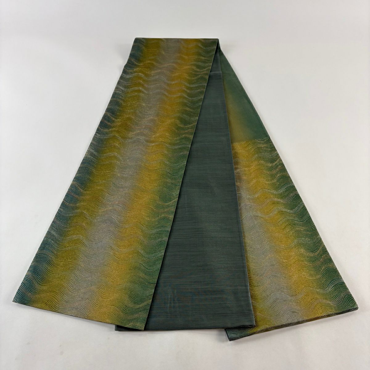 【美品】 袋帶 優品級 斜條紋 金絲 綠色 六通 純蠶絲
