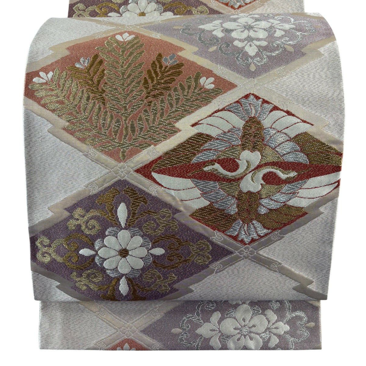 【美品】 袋帶 秀品級 向仙鶴 若松樹 金銀絲 淺粉色 六通 純蠶絲