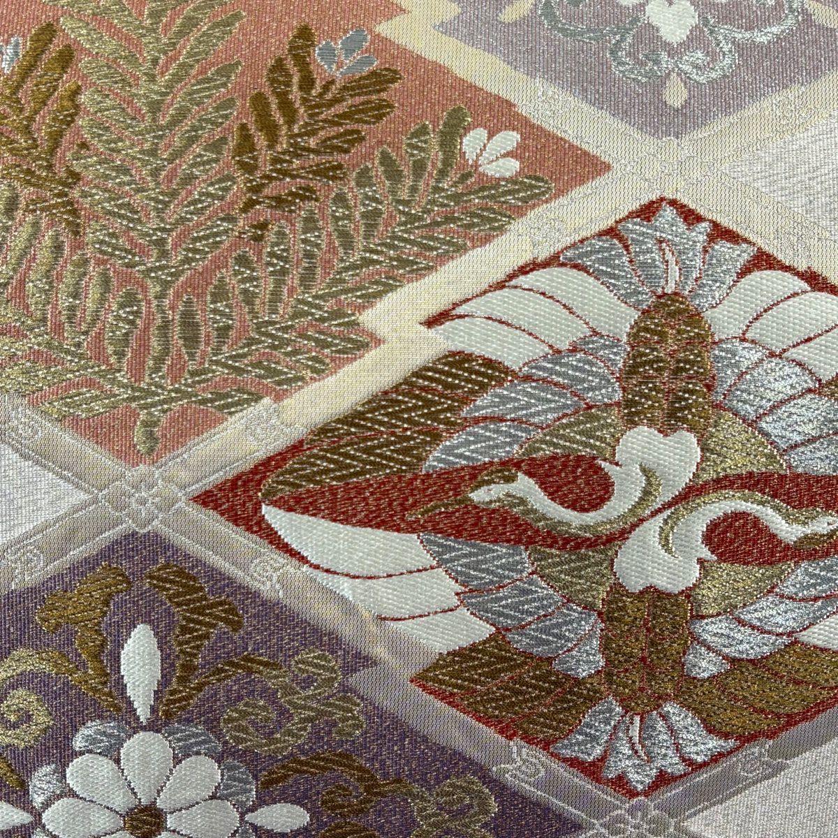 【美品】 袋帶 秀品級 向仙鶴 若松樹 金銀絲 淺粉色 六通 純蠶絲