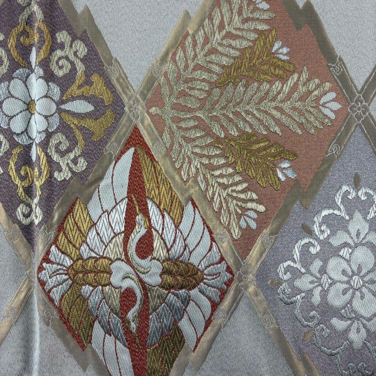 【美品】 袋帶 秀品級 向仙鶴 若松樹 金銀絲 淺粉色 六通 純蠶絲