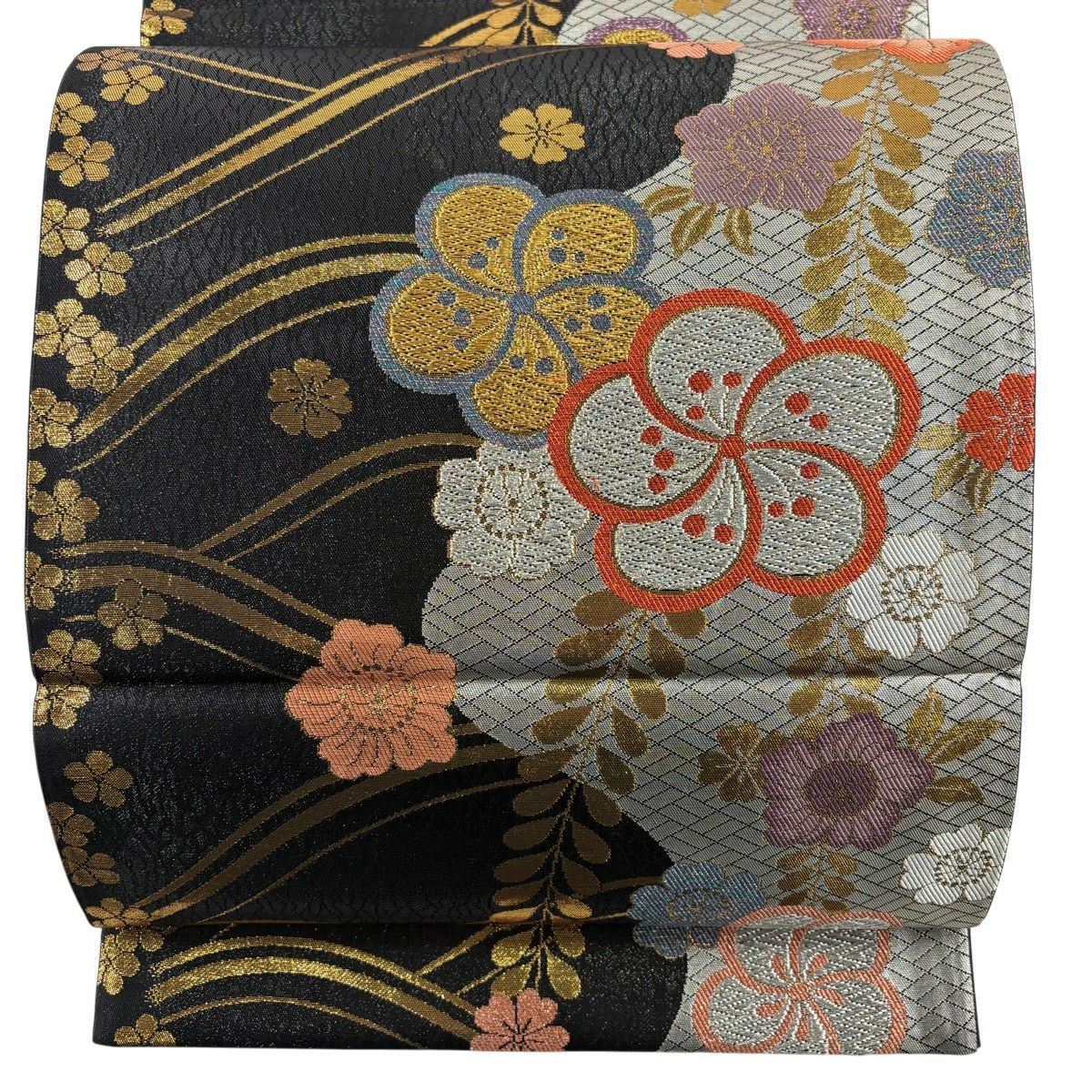 袋帶 秀品級 振袖禮服禮服用 梅花花 櫻花花 金金箔 銀線 黑色 六通 純蠶絲