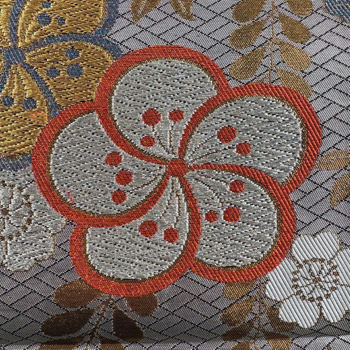 袋帶 秀品級 振袖禮服禮服用 梅花花 櫻花花 金金箔 銀線 黑色 六通 純蠶絲