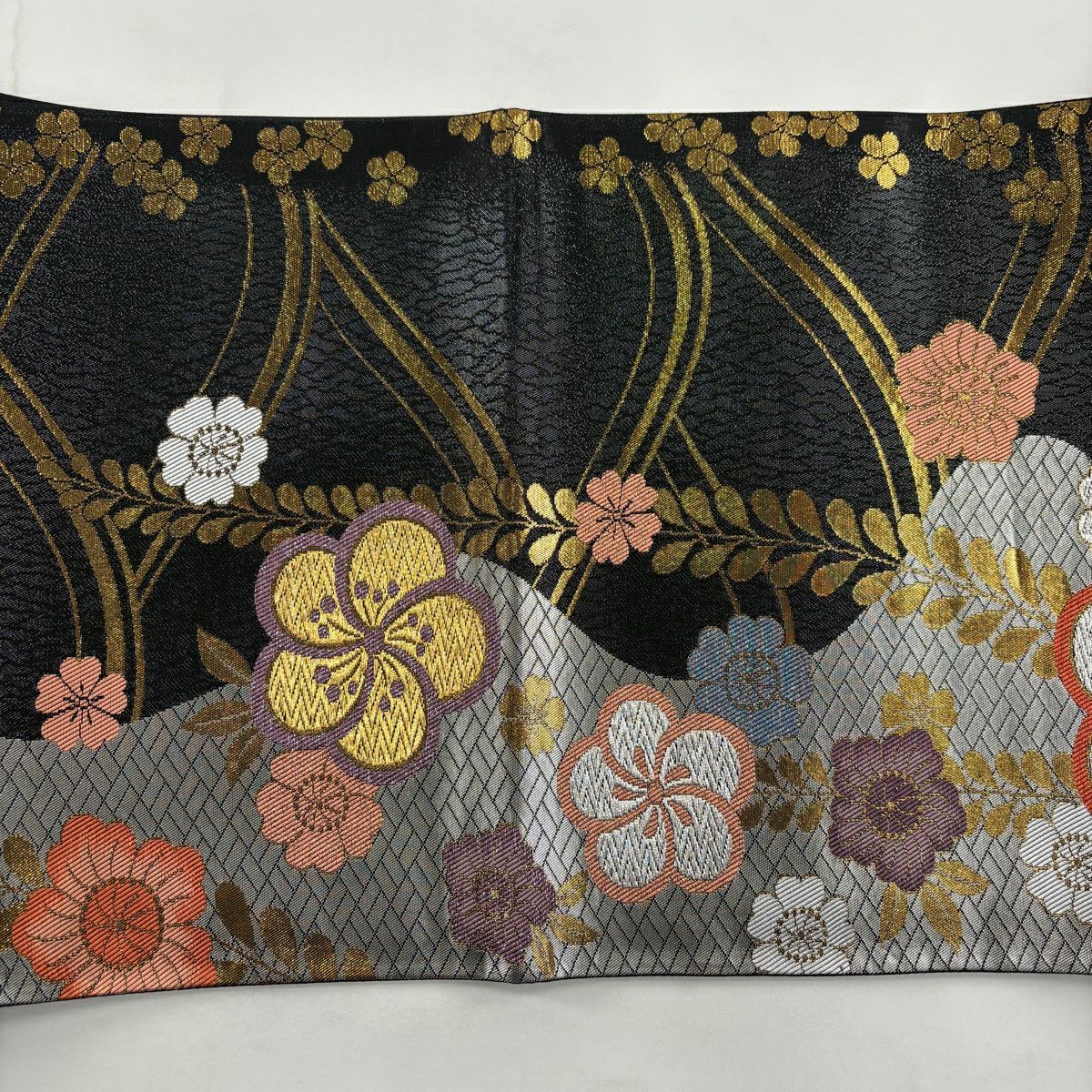 袋帶 秀品級 振袖禮服禮服用 梅花花 櫻花花 金金箔 銀線 黑色 六通 純蠶絲