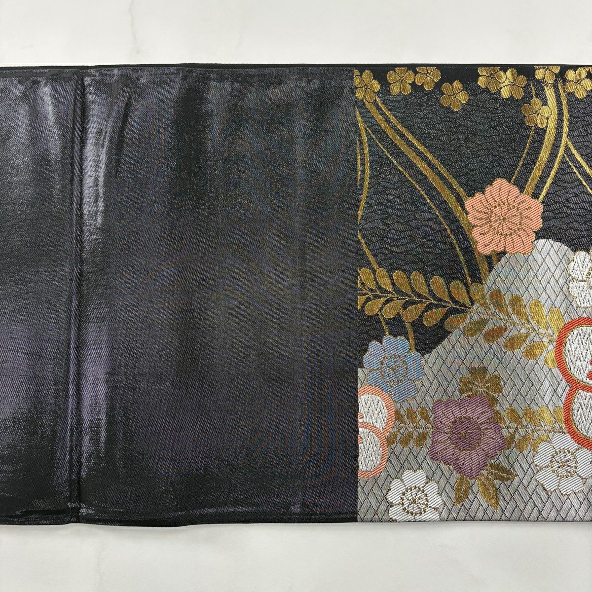 袋帶 秀品級 振袖禮服禮服用 梅花花 櫻花花 金金箔 銀線 黑色 六通 純蠶絲