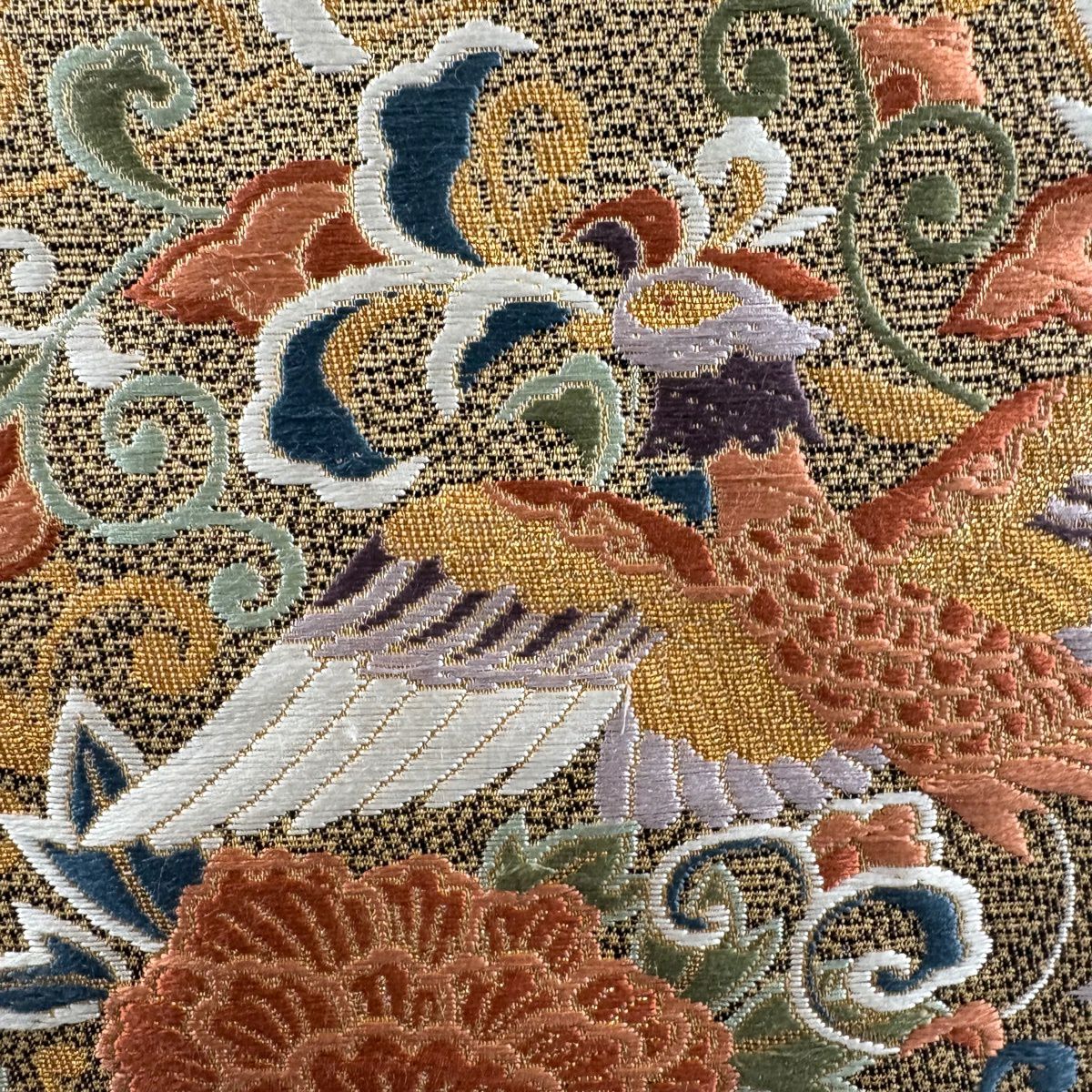 【美品】 袋帶 秀品級 鈴乃屋 華紋 花喰鳥 金銀彩 薄茶 深藍 六通 純蠶絲