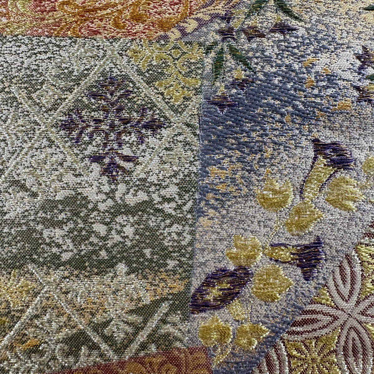 【美品】 袋帶 秀品級 落款あり 豐田宏一 納經色紙重文 金金箔 金絲 米色 六通 純蠶絲