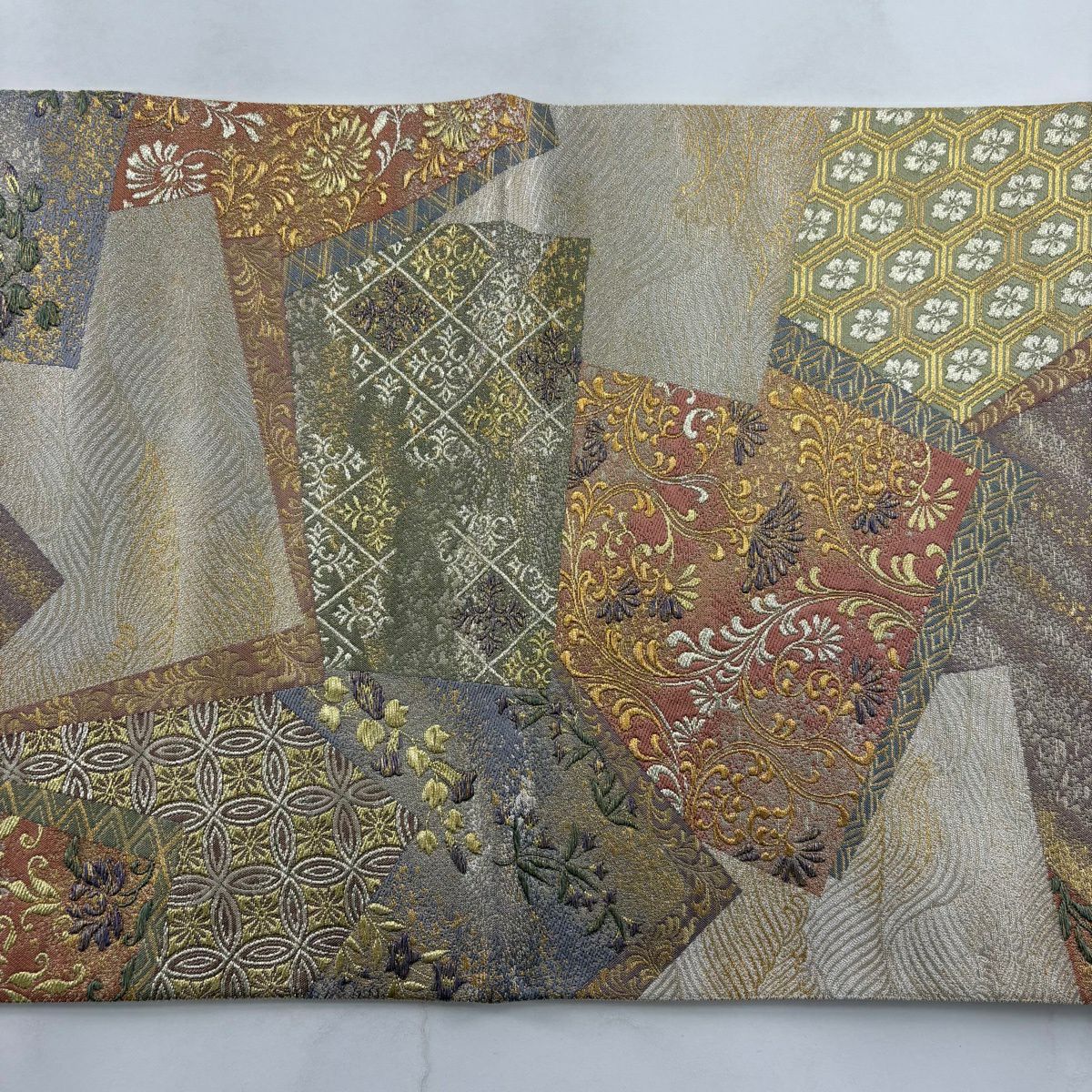 【美品】 袋帶 秀品級 落款あり 豐田宏一 納經色紙重文 金金箔 金絲 米色 六通 純蠶絲
