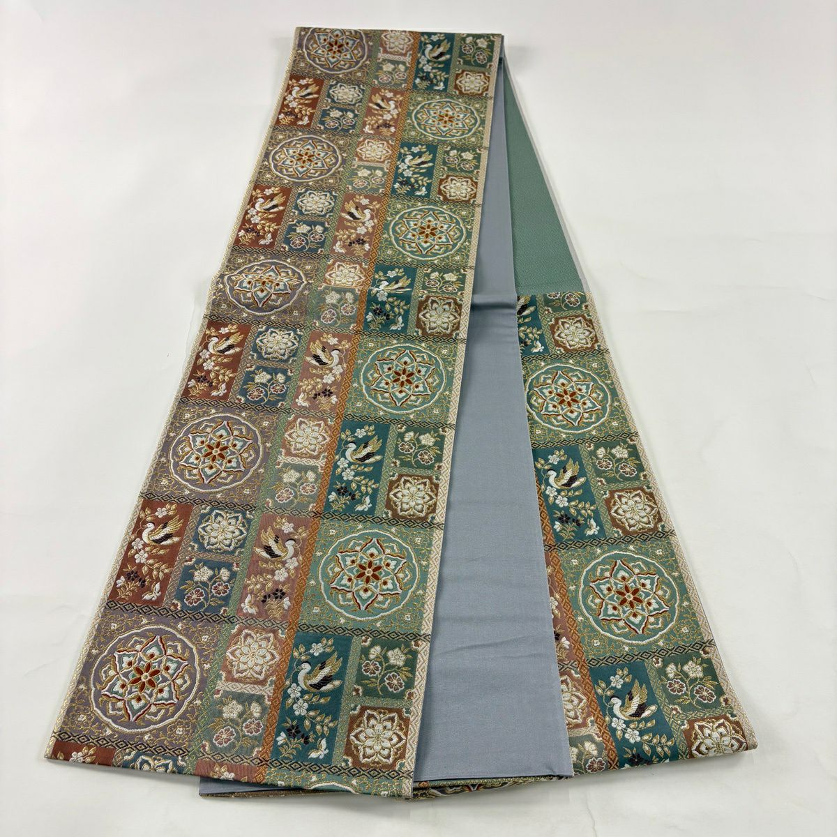 【美品】 袋帶 秀品級 證書齊全 華紋 花鳥 金金箔 金絲 灰紫 六通 純蠶絲