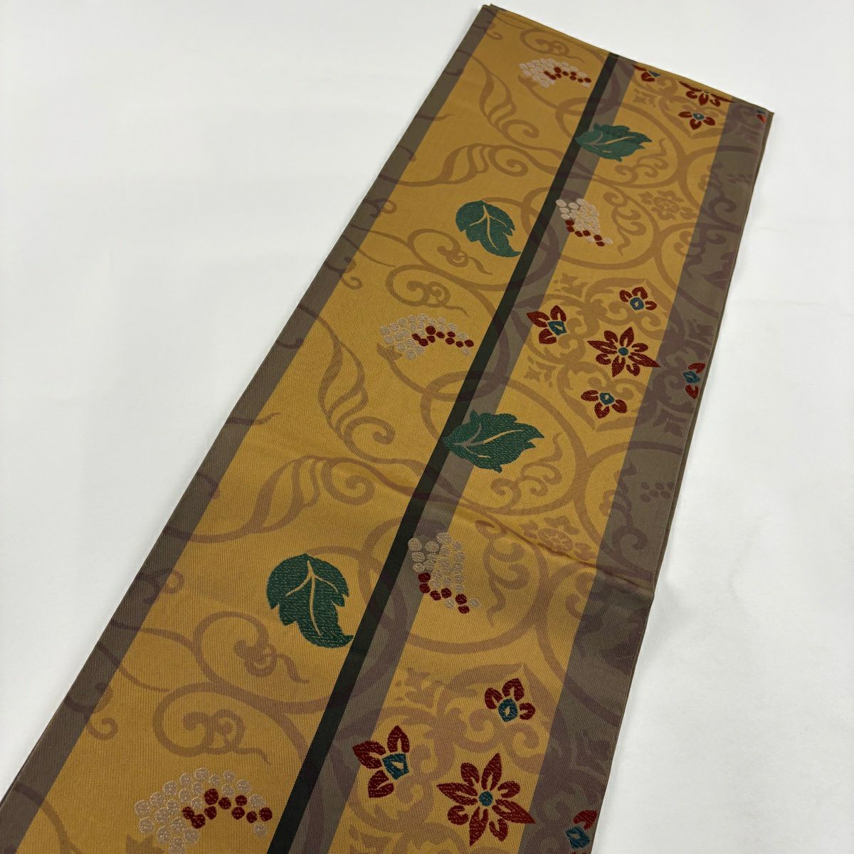 袋帶 秀品級 葡萄唐草紋 花 茶 全通 純蠶絲