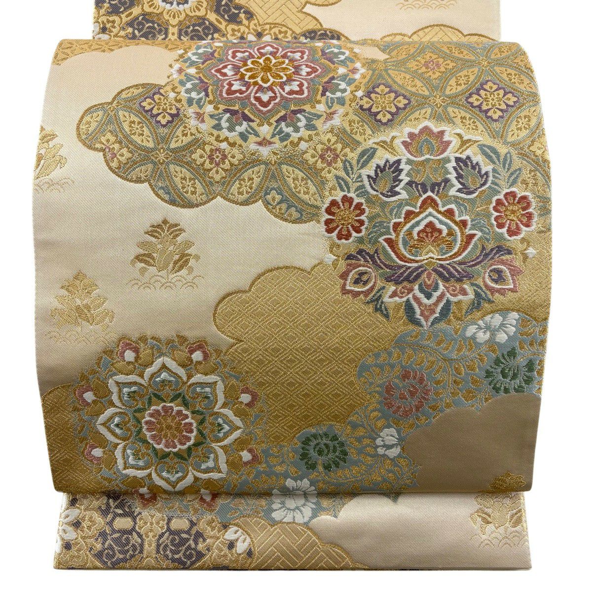 袋帶 秀品級 雲紋 華紋 金金箔 金絲 米色 六通 純蠶絲