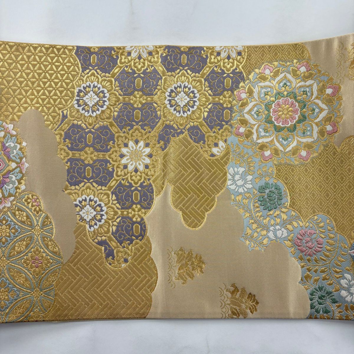 袋帶 秀品級 雲紋 華紋 金金箔 金絲 米色 六通 純蠶絲
