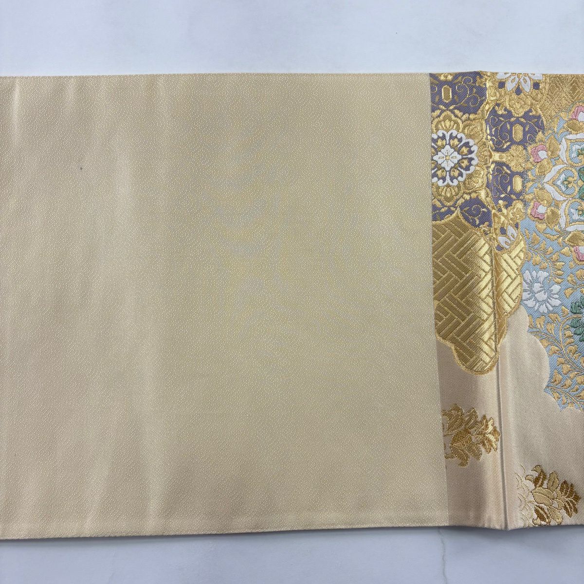 袋帶 秀品級 雲紋 華紋 金金箔 金絲 米色 六通 純蠶絲