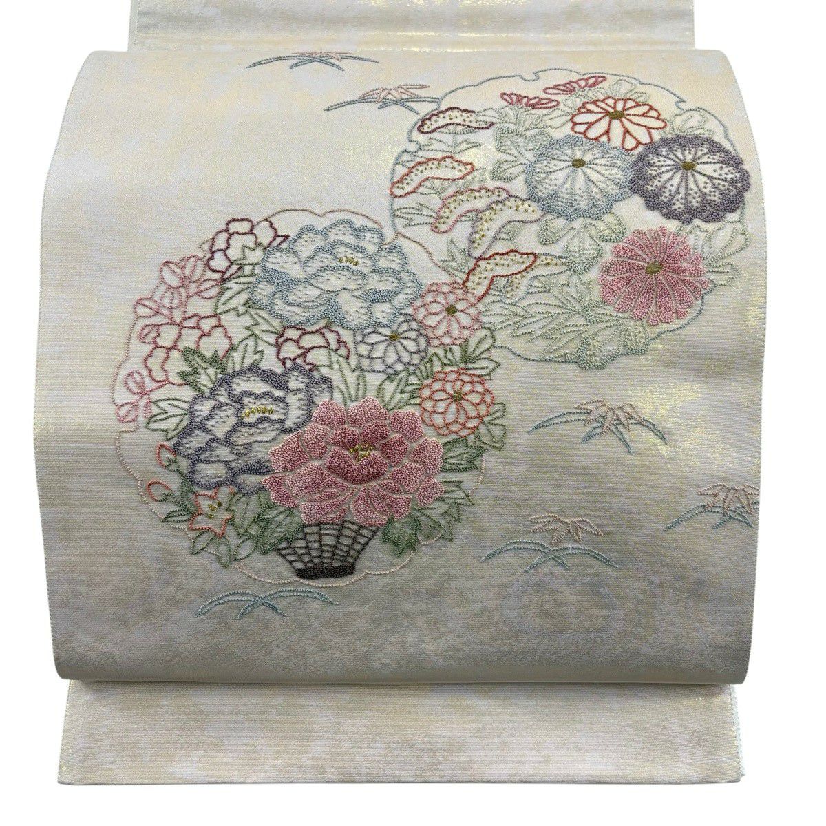 袋帶 秀品級 雪輪 草花紋 金金箔 相良刺繡 粉米色 お太鼓圖案 純蠶絲