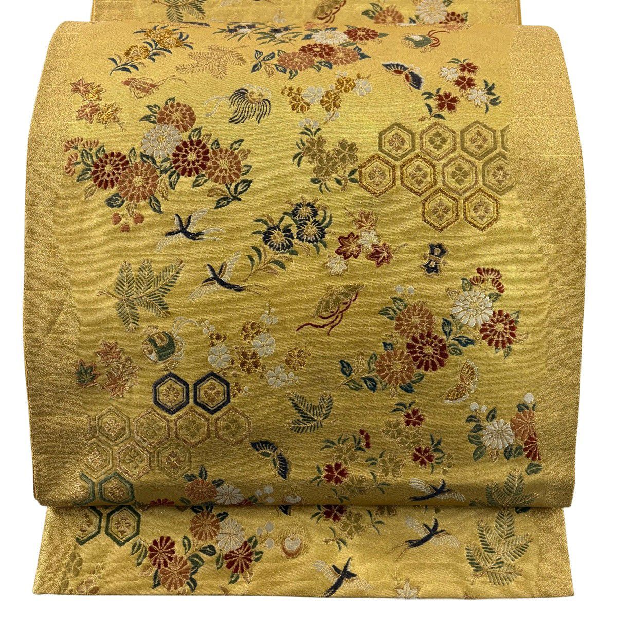 袋帶 秀品級 龜甲 花鳥 金金箔 金絲 金色 六通 純蠶絲
