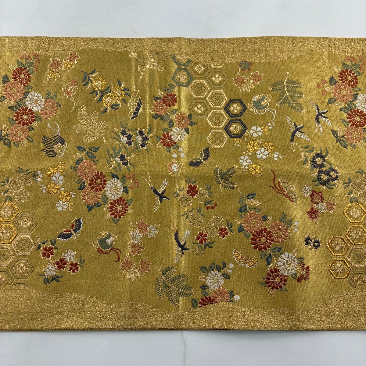 袋帶 秀品級 龜甲 花鳥 金金箔 金絲 金色 六通 純蠶絲