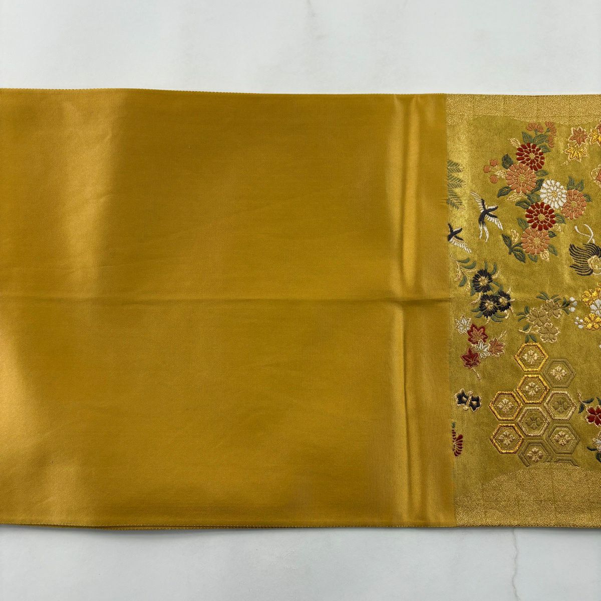 袋帶 秀品級 龜甲 花鳥 金金箔 金絲 金色 六通 純蠶絲