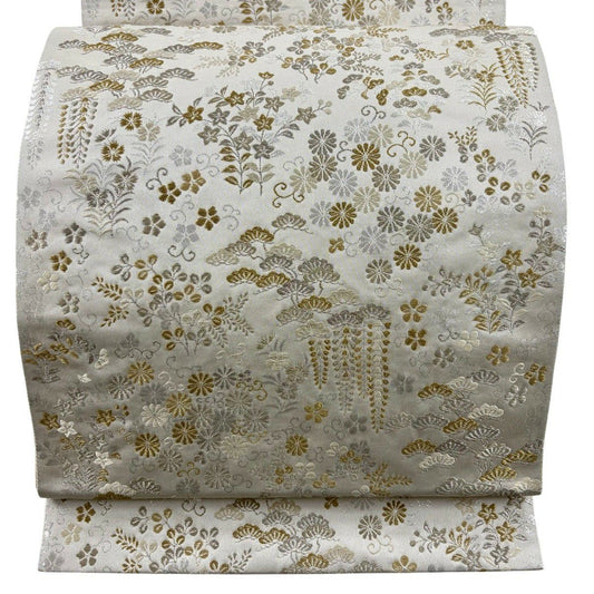 袋帶 秀品級 松樹梅花 秋草 金金箔 金銀彩 灰白 六通 純蠶絲