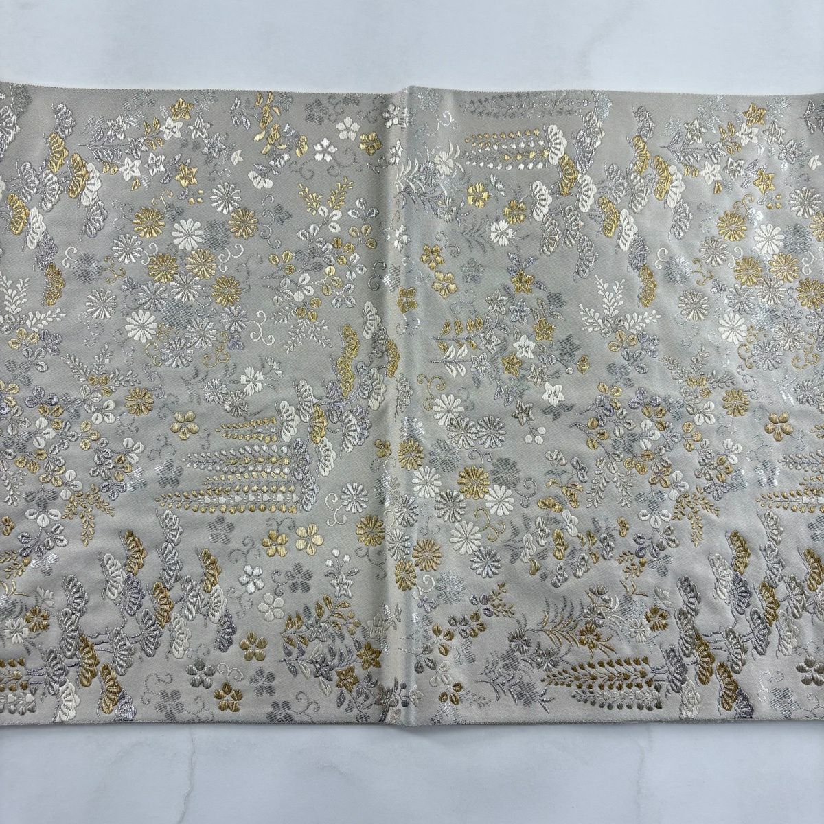 袋帶 秀品級 松樹梅花 秋草 金金箔 金銀彩 灰白 六通 純蠶絲