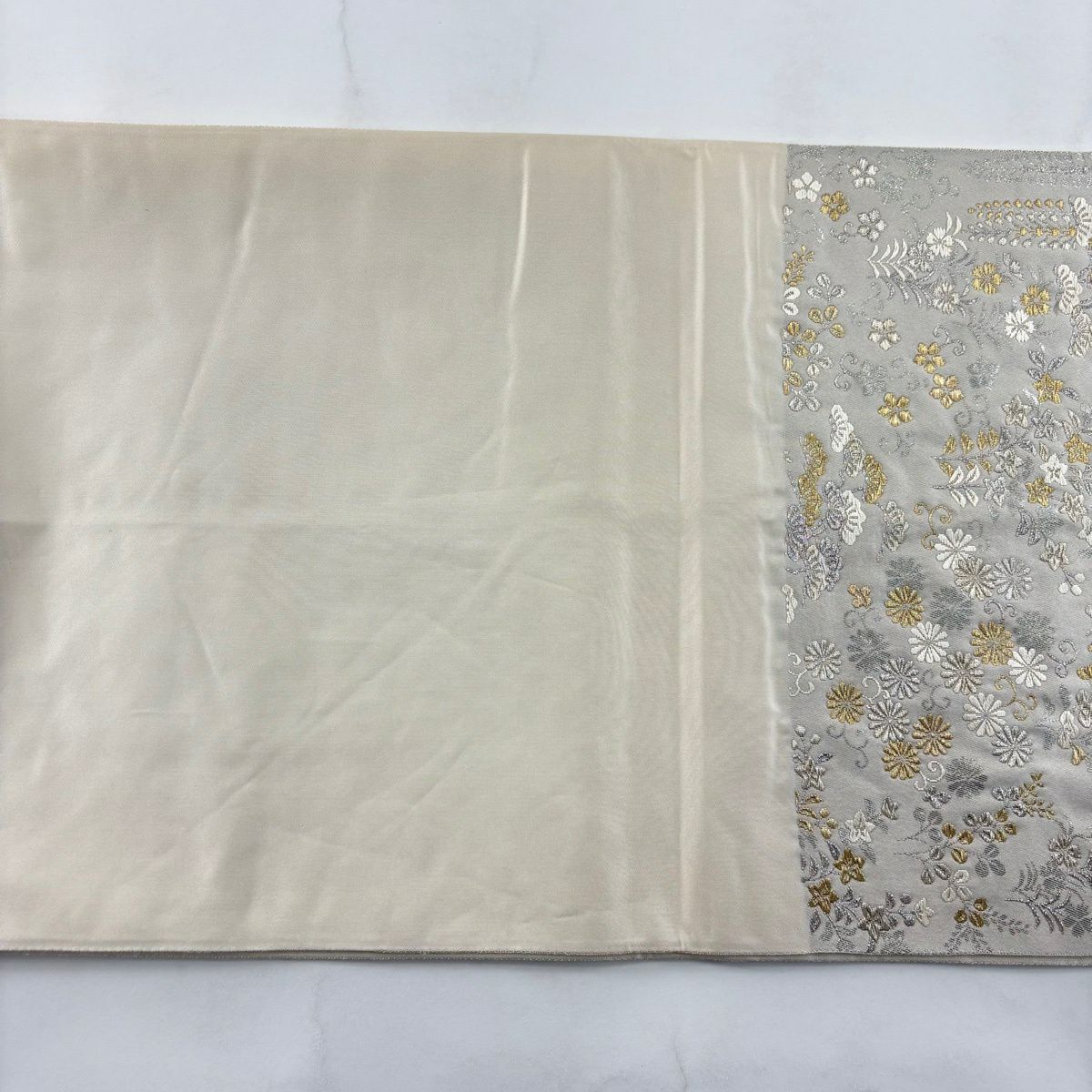 袋帶 秀品級 松樹梅花 秋草 金金箔 金銀彩 灰白 六通 純蠶絲