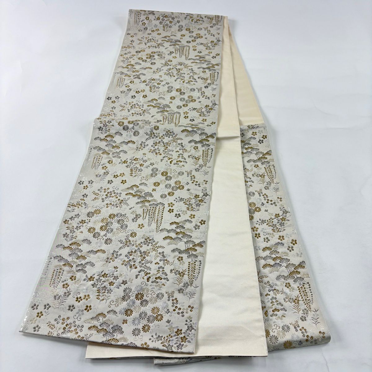 袋帶 秀品級 松樹梅花 秋草 金金箔 金銀彩 灰白 六通 純蠶絲